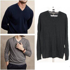 Banana Republic 100%‎ Merino Wool Black V-Neck Knit Pullover Sweater Sz XL Mens